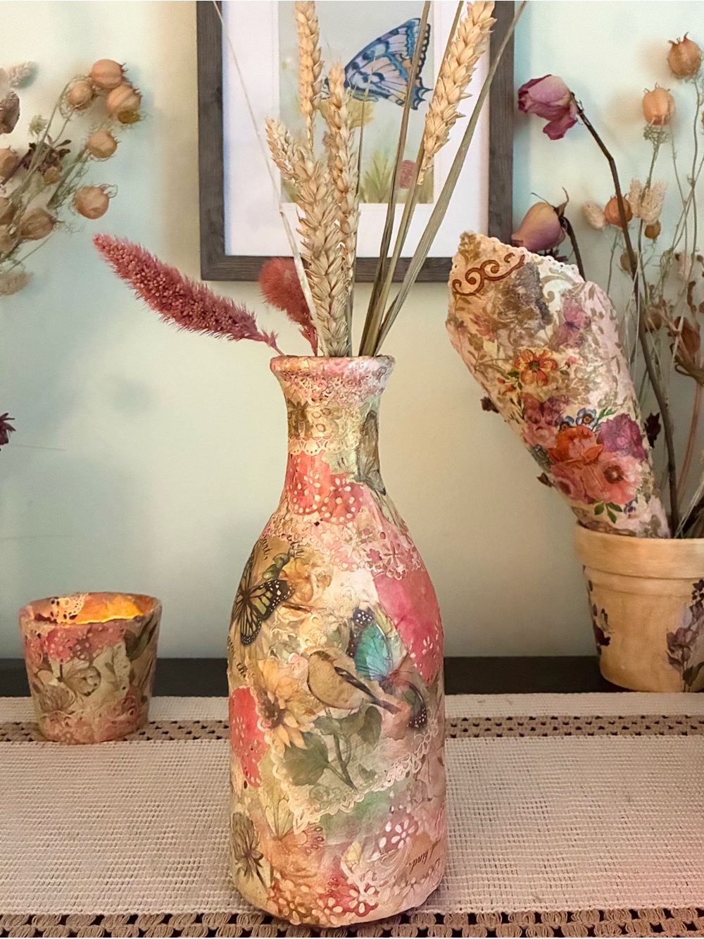Handcrafted Pink Floral and Butterfly Decoupage Vase - Decorative Home Accent